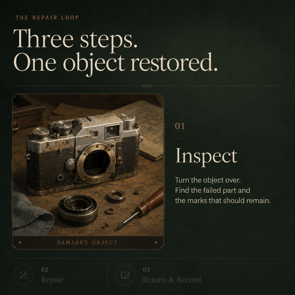 Concept artwork of a damaged camera with its lens removed for inspection.