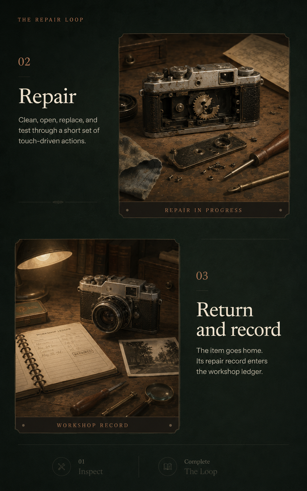 Concept artwork of an opened camera mechanism during repair.