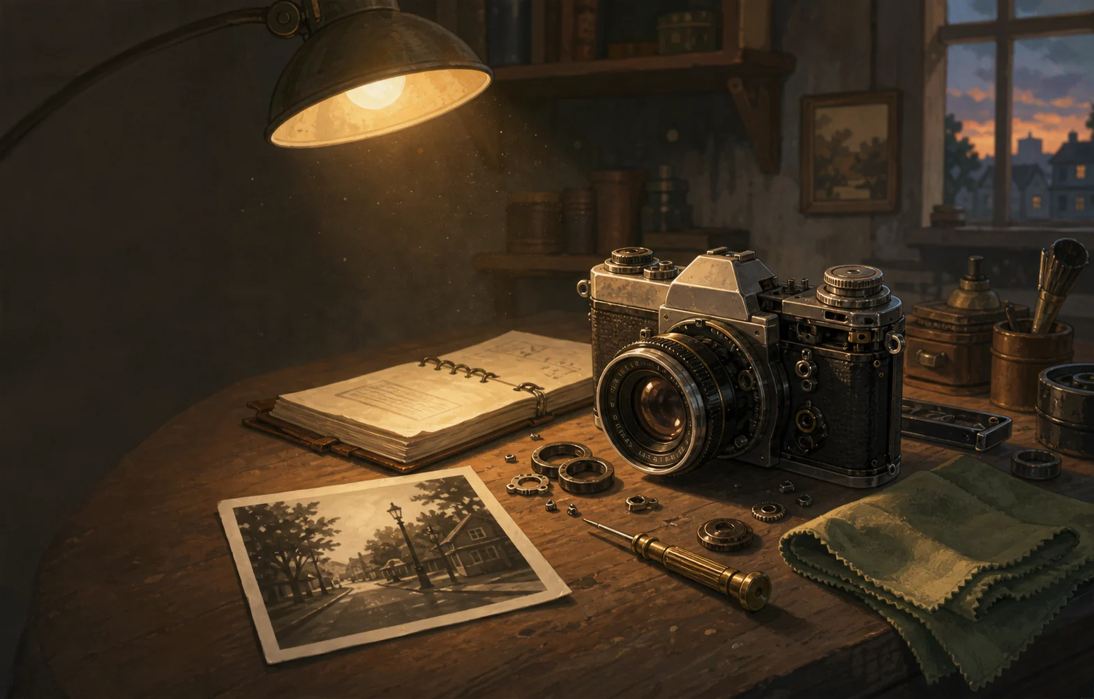 Concept artwork of a camera on a repair bench.